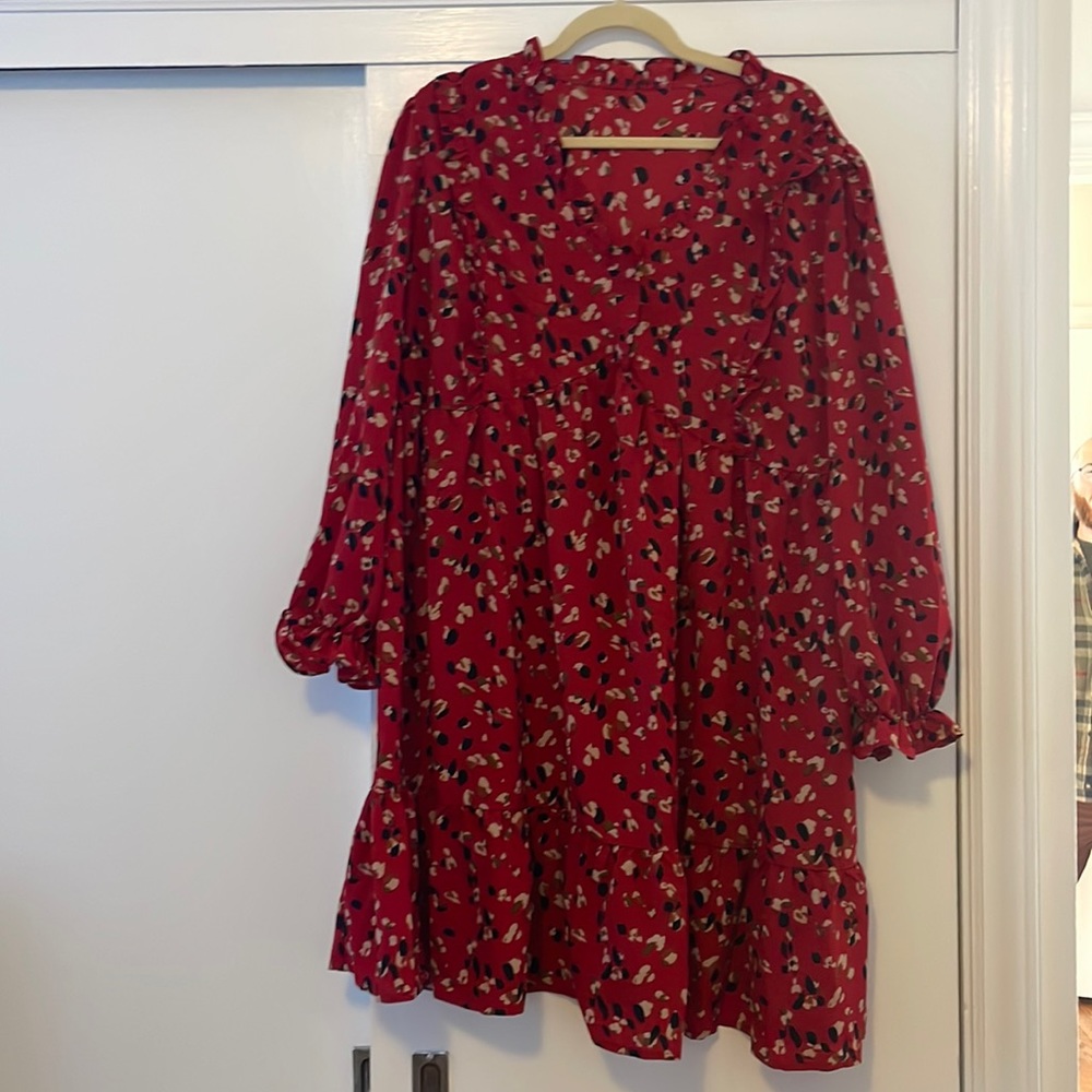 NEW Ruffle Trim Smock Dress Red 2XL